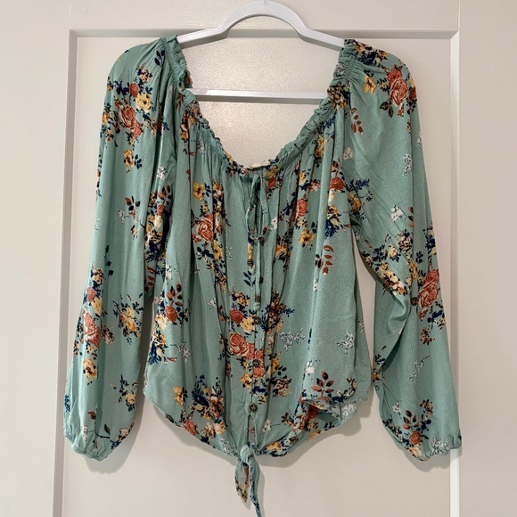 Green Floral Print Tie Blouse - Picture 1 of 10